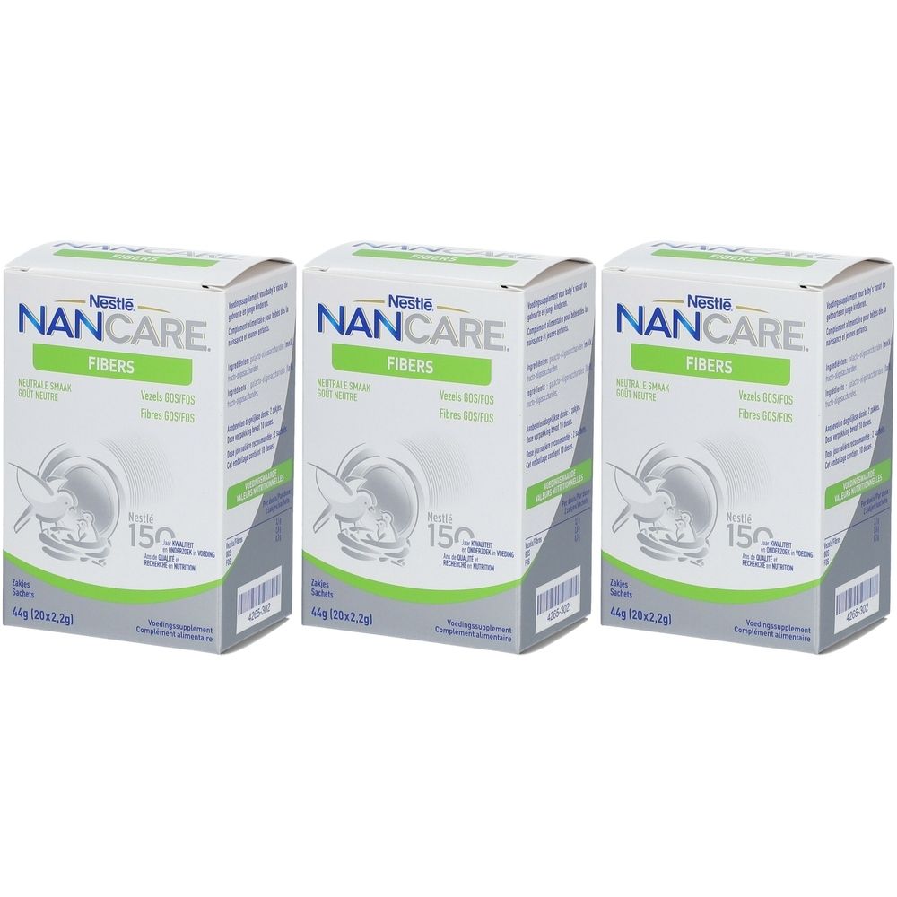 Trois boîtes Nestlé NANCARE Fibres. Emballage blanc avec logo et informations produit. 15 sachets.