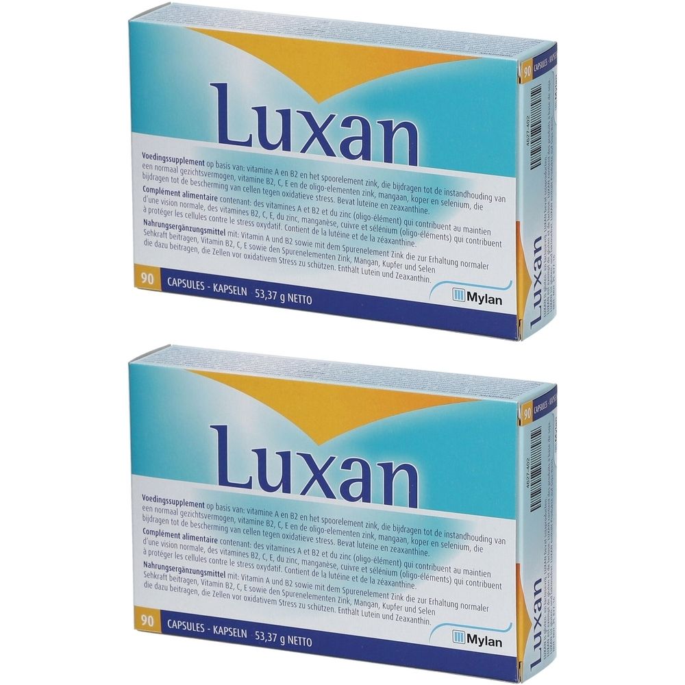 Deux boîtes de Luxan. Emballage bleu et blanc avec un accent jaune. Contient 90 gélules. Logo Mylan.