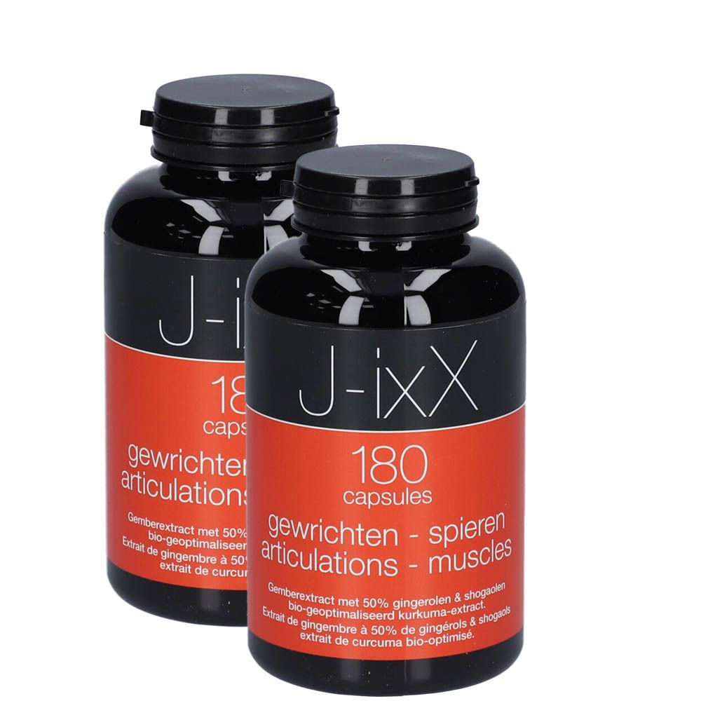 Deux flacons J-ixX de 180 capsules. Flacons noirs avec étiquette rouge. Texte : articulations - muscles.