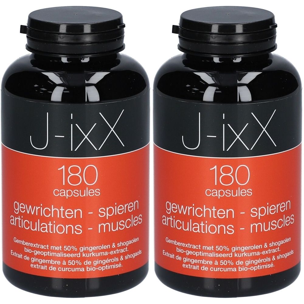Deux flacons J-ixX de 180 capsules. Flacons noirs avec étiquette rouge. Texte : articulations - muscles.