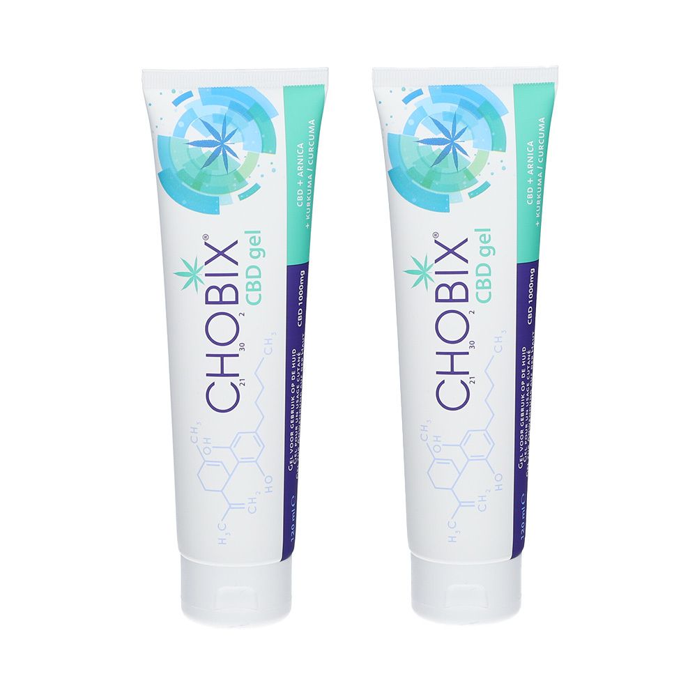 Deux tubes de gel CBD. Blanc, avec des accents bleu-vert. Inscription : Chobix CBD gel, CBD 1000mg, avec Arnica et Curcuma.