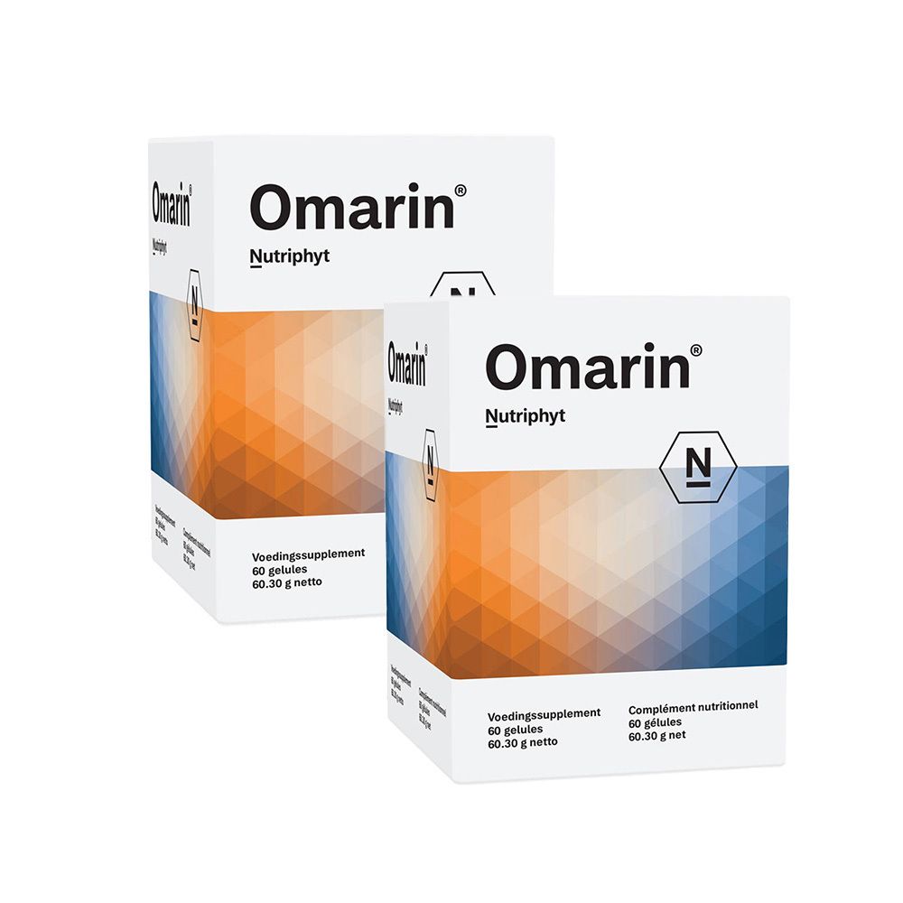 Deux boîtes Omarin Nutriphyt. Emballage blanc avec motifs géométriques orange et bleu. Texte: Complément nutritionnel, 60 gélules, 60.30 g net.