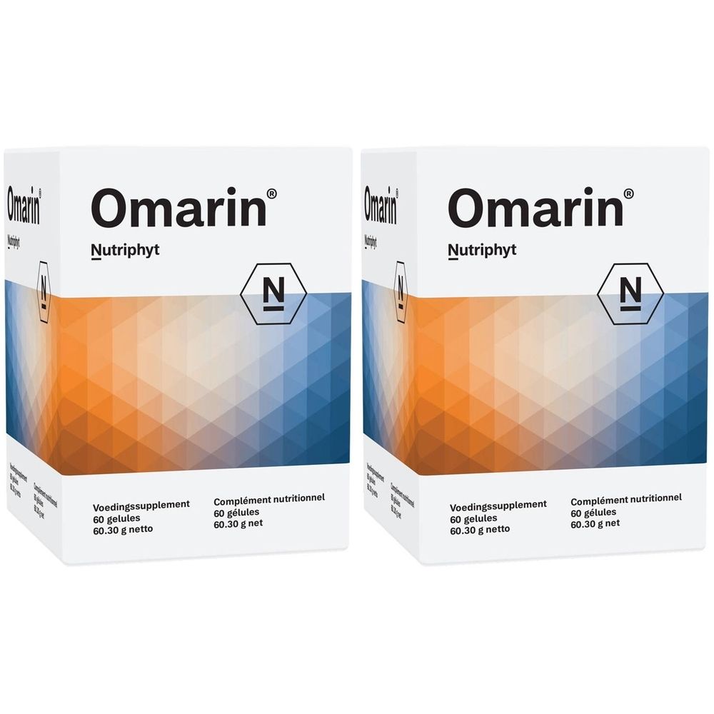 Deux boîtes Omarin Nutriphyt. Emballage blanc avec motifs géométriques orange et bleu. Texte: Complément nutritionnel, 60 gélules, 60.30 g net.