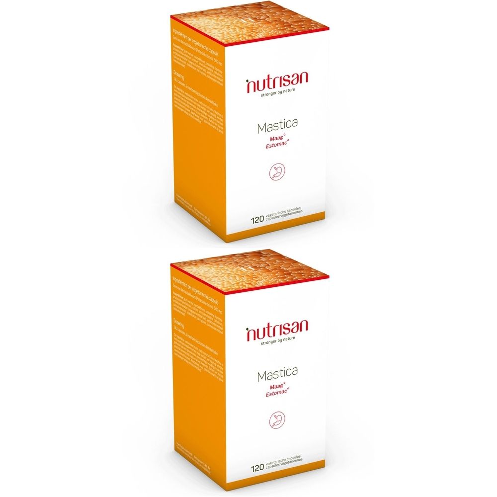 Deux boîtes blanches et orange avec "Nutrisan Mastica". Chaque boîte contient 120 capsules.
