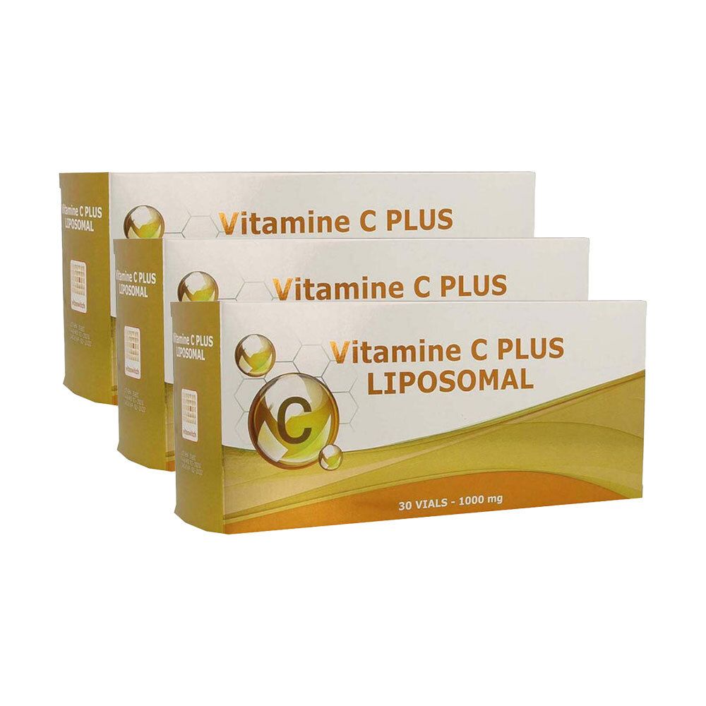 Trois boîtes de VitaSwitch Vitamine C Plus Liposomale. Inscription : Vitamine C Plus Liposomale. 30 flacons - 1000 mg.