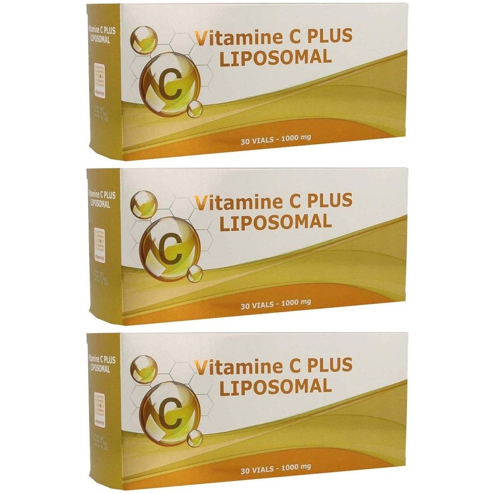 Trois boîtes de VitaSwitch Vitamine C Plus Liposomale. Inscription : Vitamine C Plus Liposomale. 30 flacons - 1000 mg.