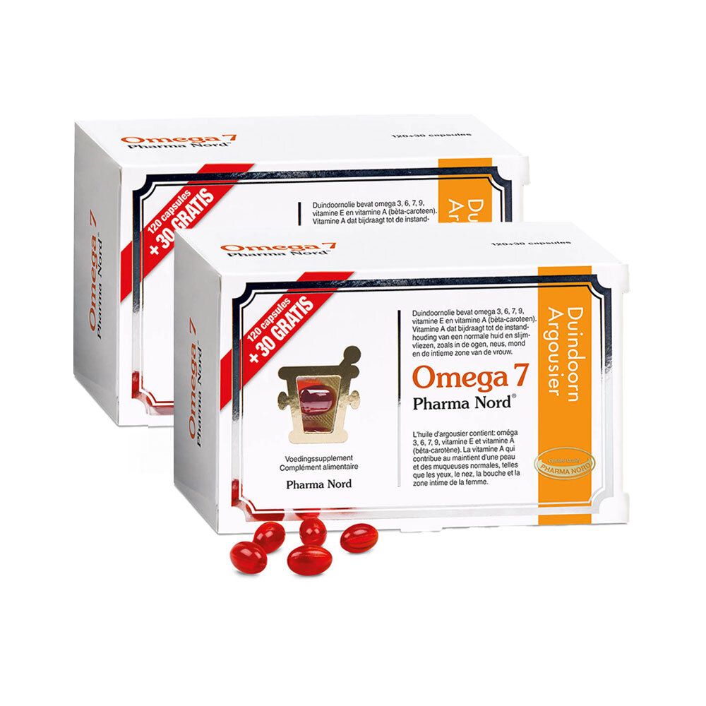 Deux boîtes Omega 7 Pharma Nord, avec des gélules rouges. Inscription "+30 gratuit".