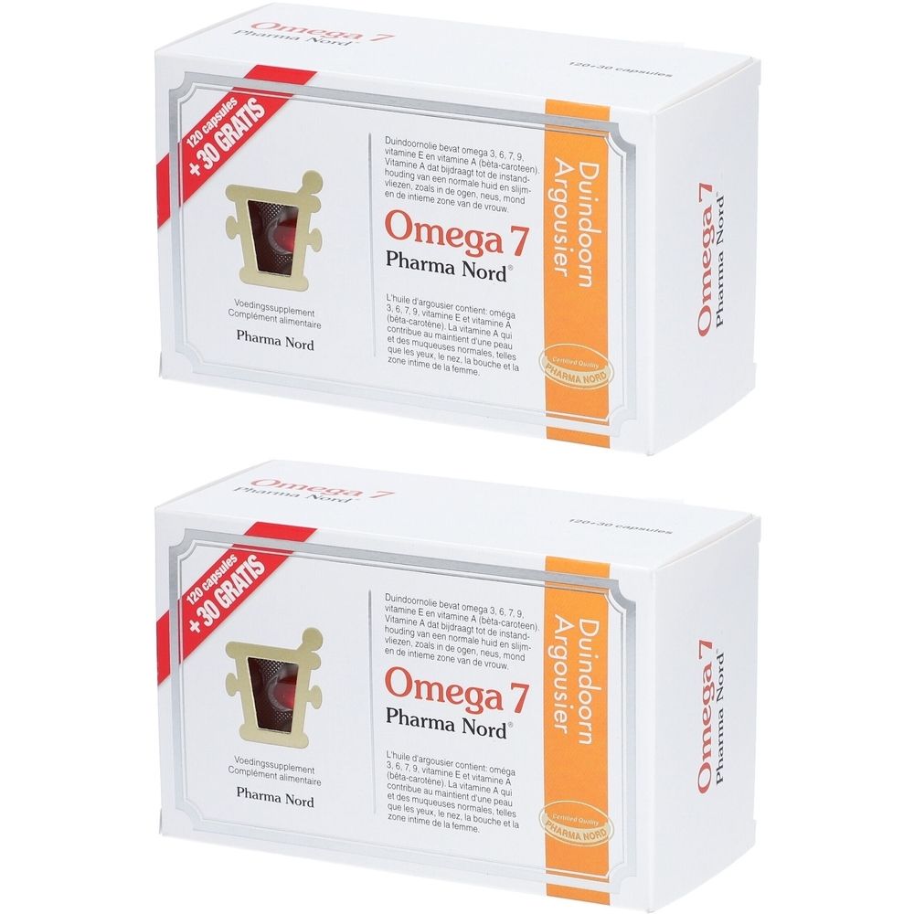 Deux boîtes blanches avec l'inscription Omega 7 Pharma Nord. Inscription rouge "+30 gratuit".
