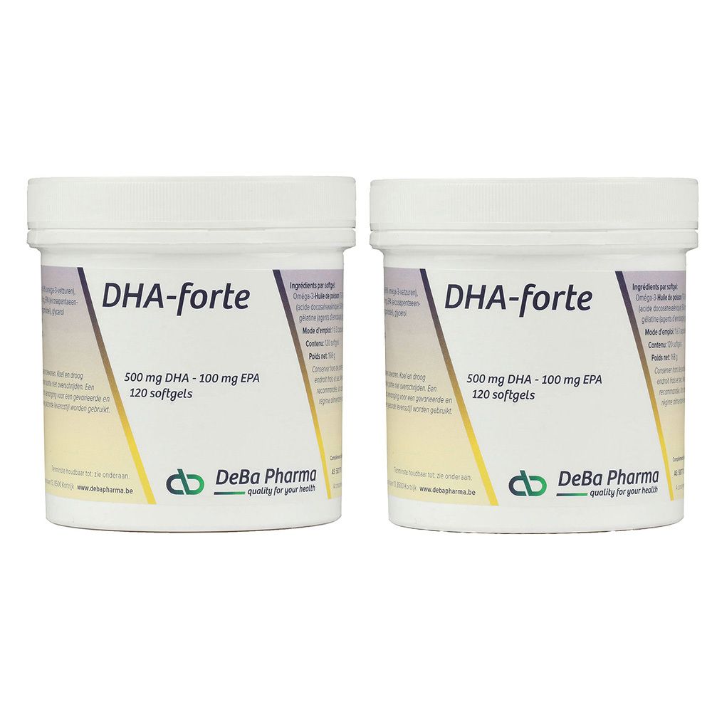 Deux pots blancs avec étiquette DHA-forte. Contient 120 gélules. Logo DeBa Pharma en bas.
