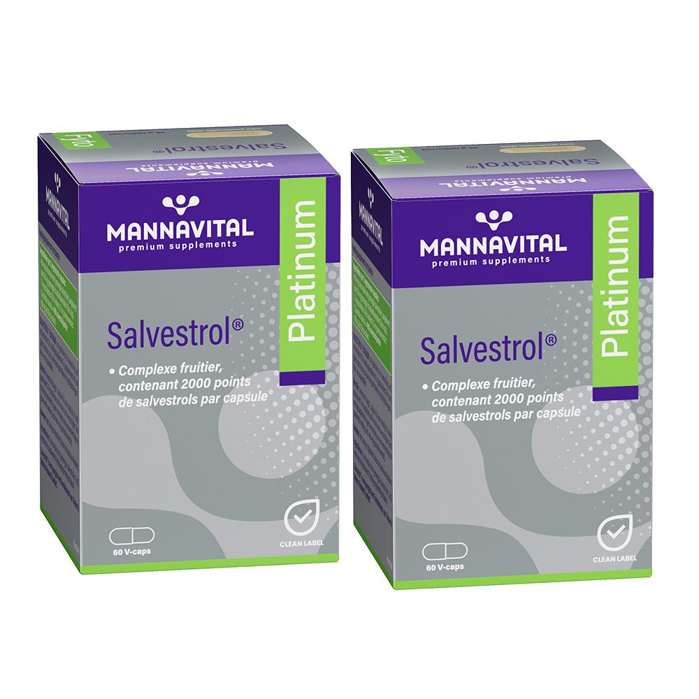 Deux boîtes avec des accents violets et verts. Inscription: Mannavital Salvestrol Platinum. Complexe fruitier, 60 V-caps.