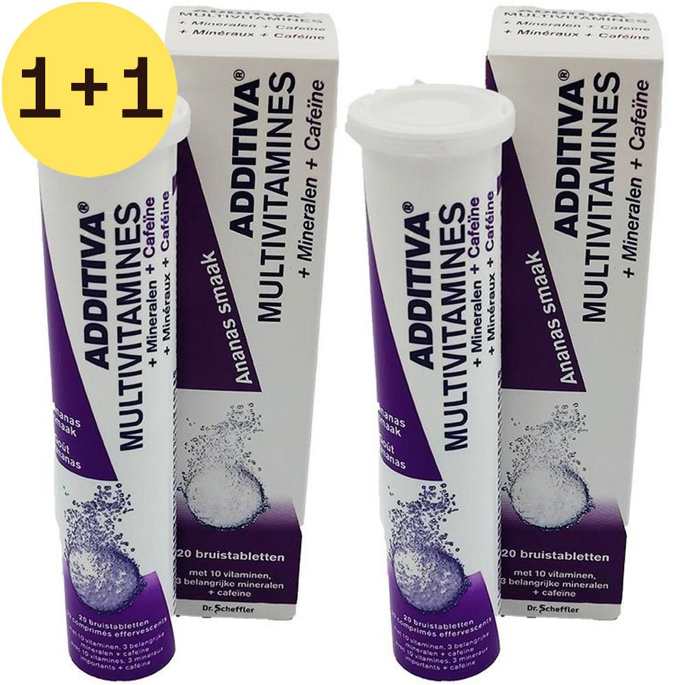 Emballage produit avec deux tubes et deux boîtes. Inscription: Additiva Multivitamines + Minéraux + caféine.