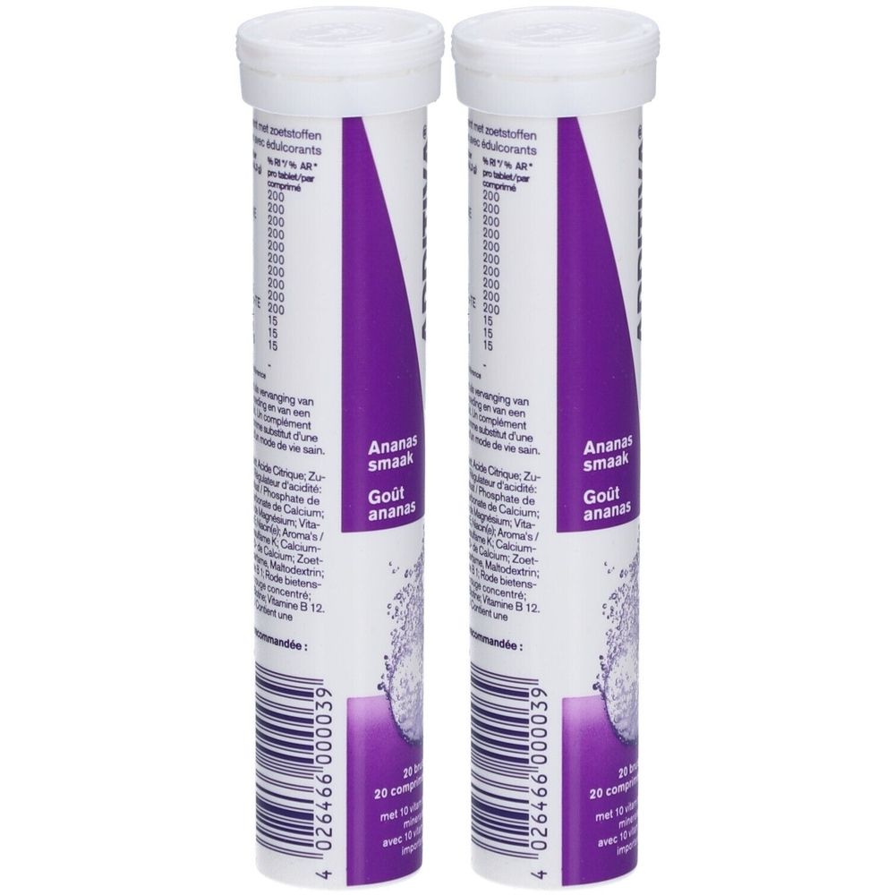 Deux tubes de comprimés effervescents. Inscription: Ananas smaak, 20 comprimés avec 10 comprimés gratuits.