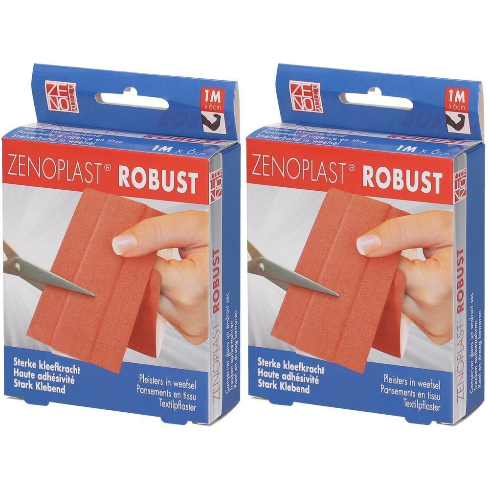 Deux boîtes de Zenoplast Robust, 6cm x 1m. Pansements rouges coupés avec des ciseaux. Emballage bleu et rouge.