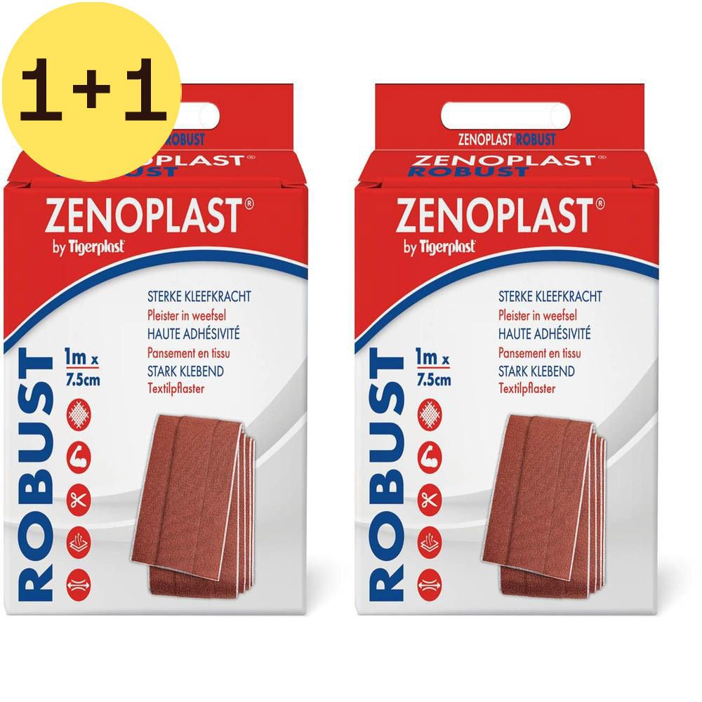Deux boîtes de pansements. Inscription: Zenoplast Robust, 7,5cm x 1m. Emballage rouge avec pansements. Texte en néerlandais, français et allemand. 1+1 Gratuit.