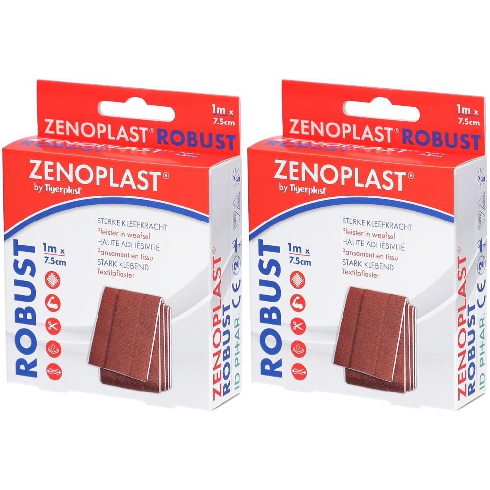 Deux boîtes de pansements. Inscription: Zenoplast Robust, 7,5cm x 1m. Emballage rouge avec pansements. Texte en néerlandais, français et allemand.
