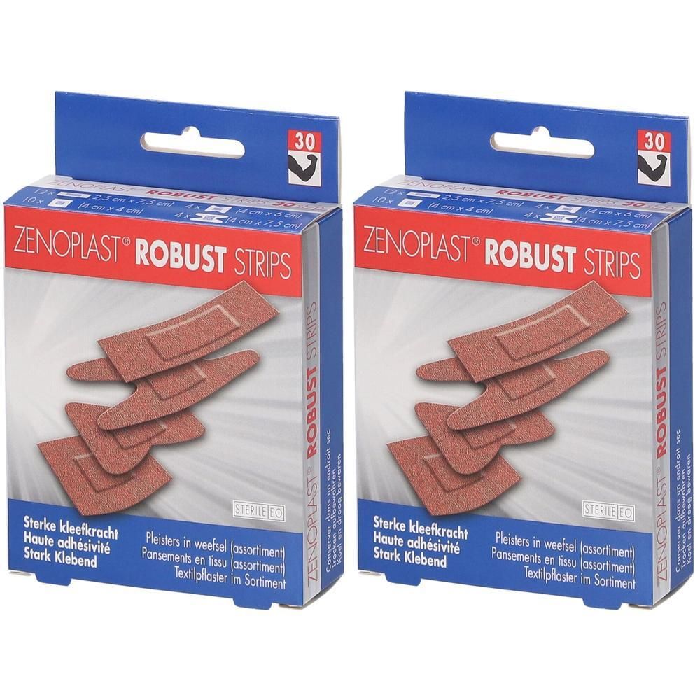 Deux boîtes de Zenoplast Robust Strips. Chaque boîte montre des pansements. Inscription : "Zenoplast Robust Strips".