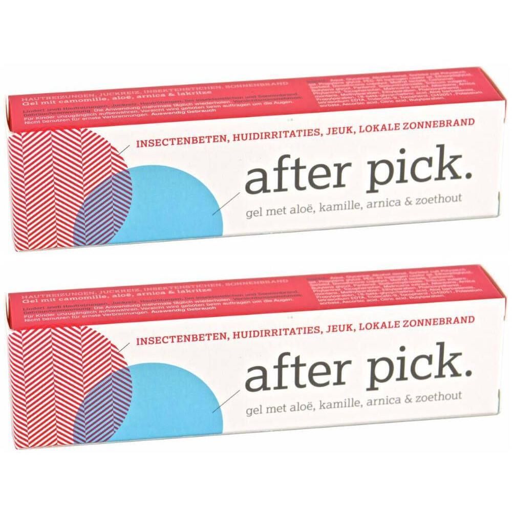 Deux tubes dans un emballage rouge. Inscription: after pick. Gel avec aloe, camomille, arnica & réglisse. Texte: Piqûres d'insectes, irritations cutanées, démangeaisons, coup de soleil local.