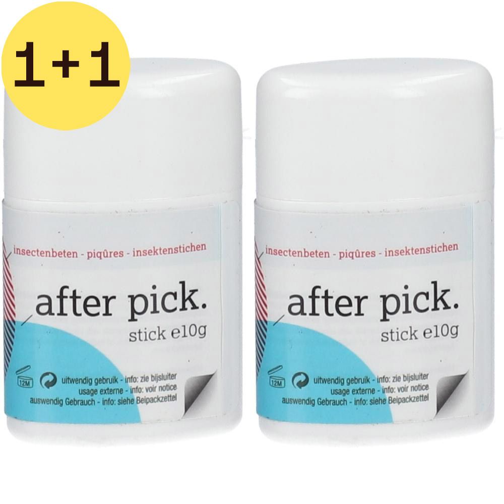 Deux sticks blancs avec texte bleu. Inscription: after pick. stick e10g. Avec cercle jaune: 1+1 GRATUIT.