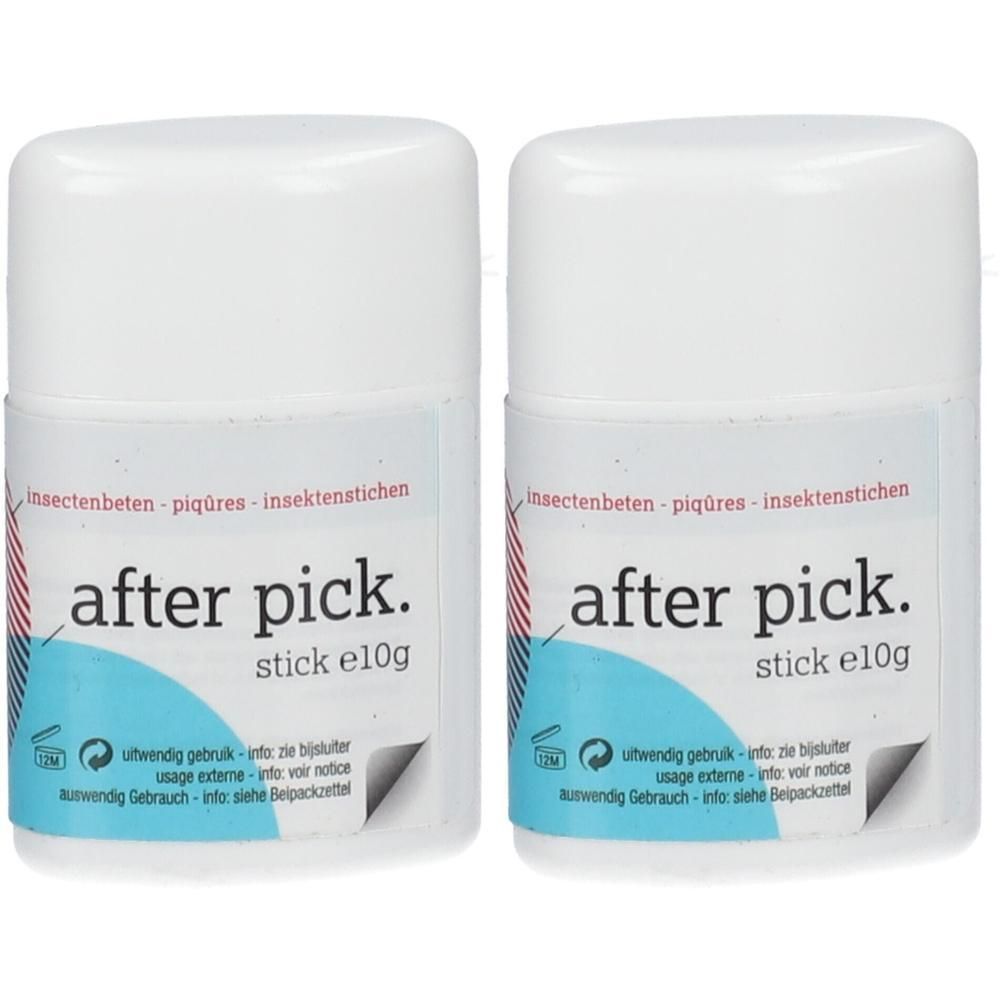 Deux sticks blancs avec texte bleu. Inscription: after pick. stick e10g. Texte: Insektenbeten - piqûres - insektenstichen.