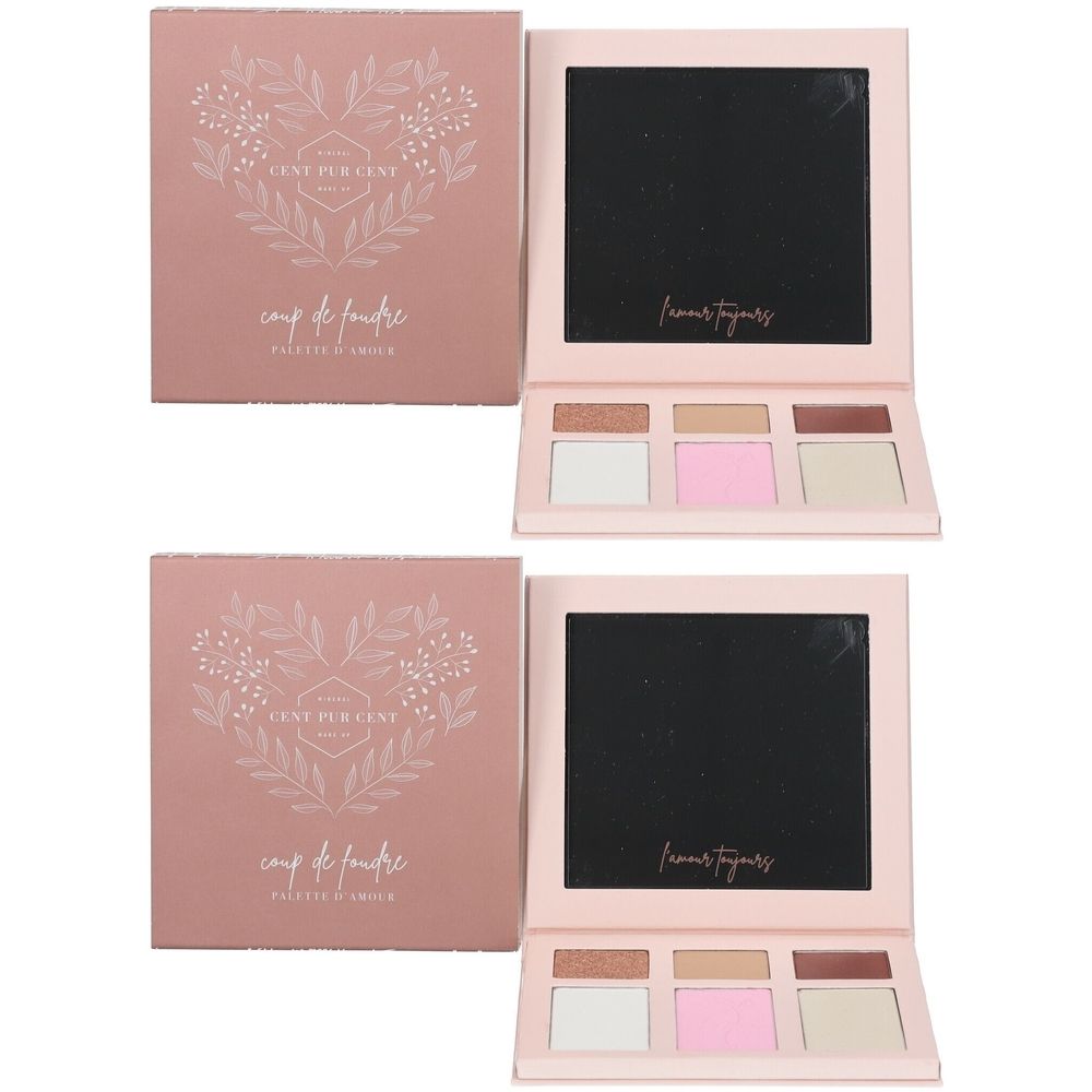 Deux palettes roses avec miroir et six teintes. Emballage avec texte. Ouvert, une palette avec miroir et six teintes.
