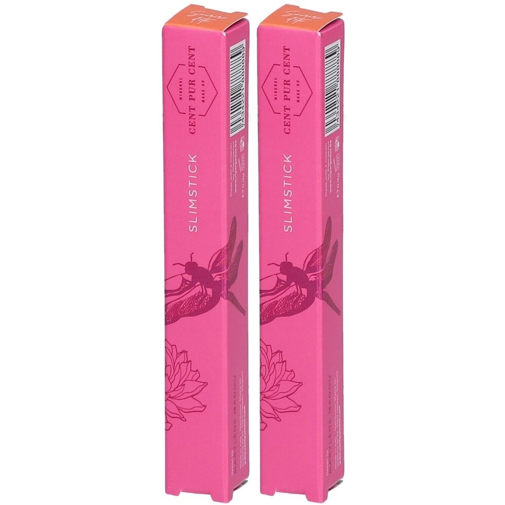 Deux boîtes roses fines avec l'inscription "Cent Pur Cent Slimstick". Motifs : libellule et fleur de lotus.