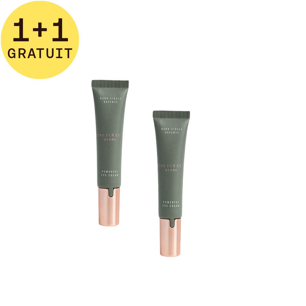 Deux tubes de crème pour les yeux, à côté d'un cercle jaune avec texte: 1+1 GRATUIT. Tubes gris avec bouchons roses.