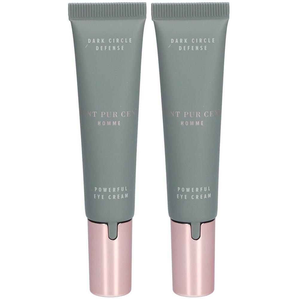 Deux tubes de crème pour les yeux. Tubes gris avec bouchons roses. Texte: Dark Circle Defense, Cent Pur Cent Homme, Powerful Eye Cream.