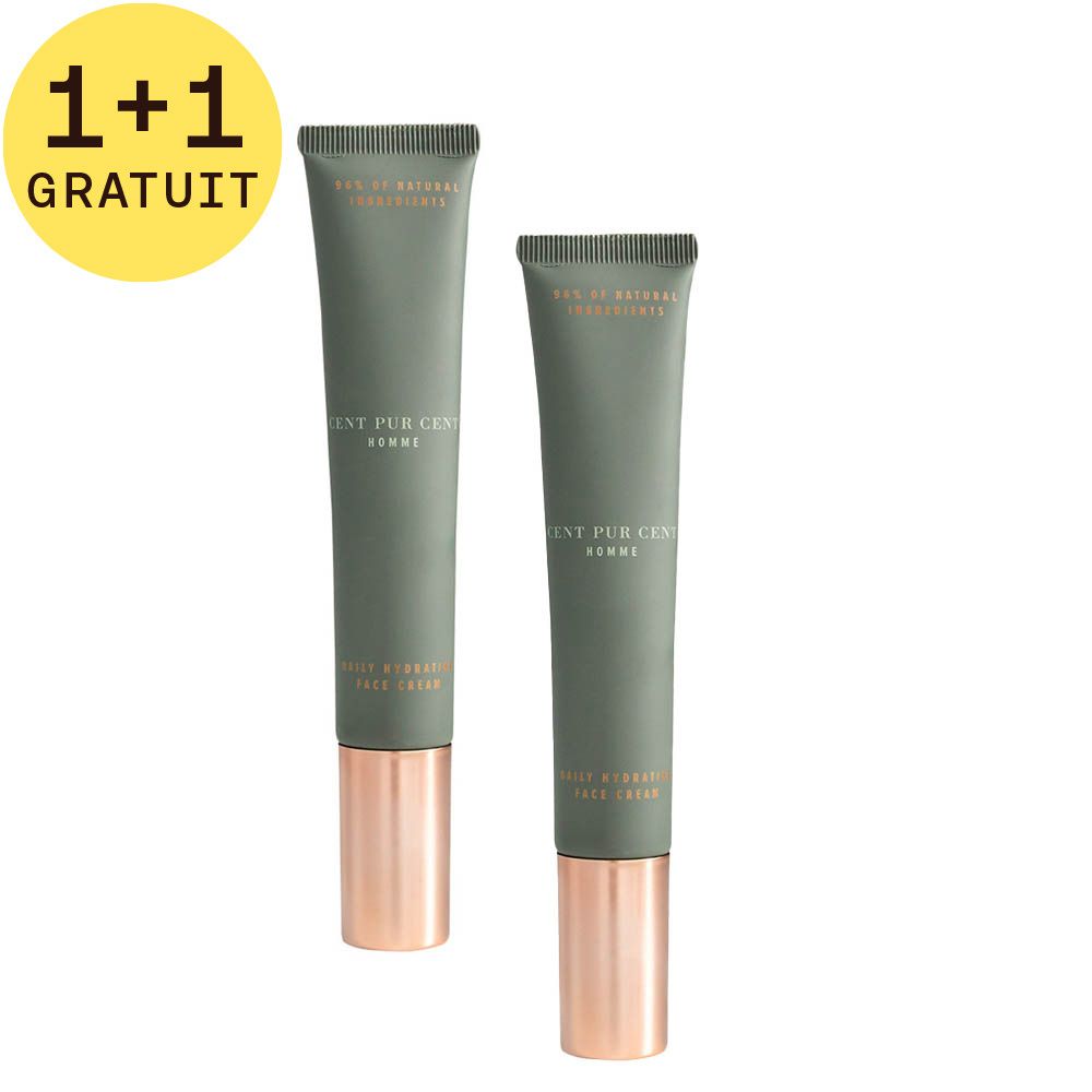 Deux tubes de crème pour le visage. Tubes verts avec bouchons or rose. Texte: Cent Pur Cent Homme. 1+1 Gratuit.