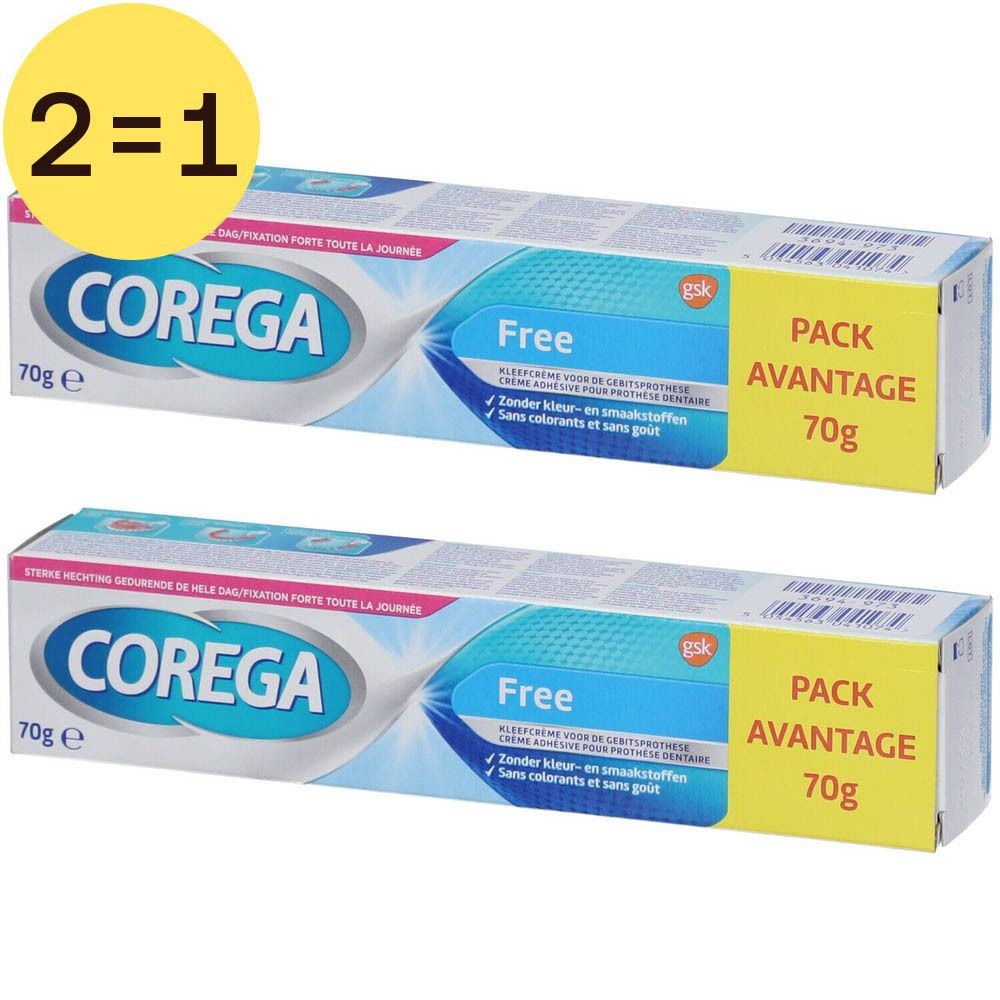 Deux tubes de Corega Free Crème Adhesive 2 pour 1, 70g. Tubes blancs avec inscriptions bleues et vertes, emballage jaune.