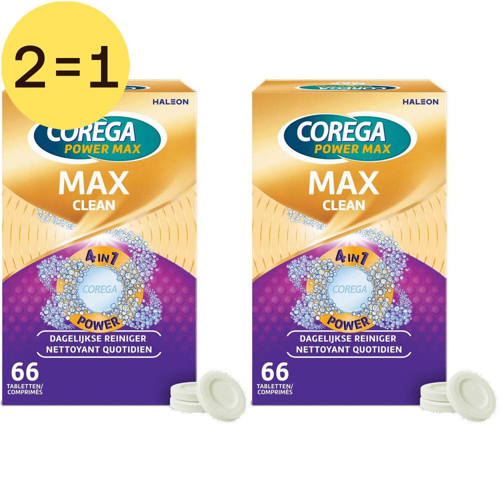 Deux boîtes de Corega Power Max Max Clean. Emballage doré et violet avec nom du produit et 66 comprimés. Deux comprimés à côté.