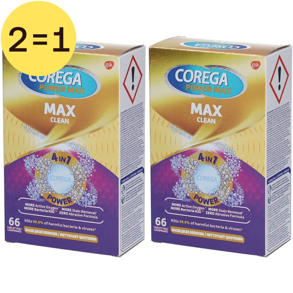 Deux boîtes de Corega Power Max Max Clean. Emballage doré et violet avec nom du produit et 66 comprimés.