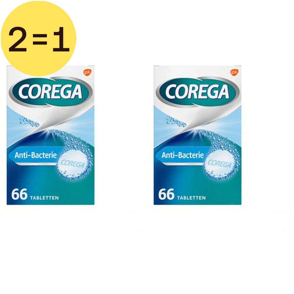 Deux boîtes de Corega Anti-Bactérie 2 pour 1. Emballage bleu et blanc avec nom du produit et 66 comprimés. Inscription : Anti-Bactérie.