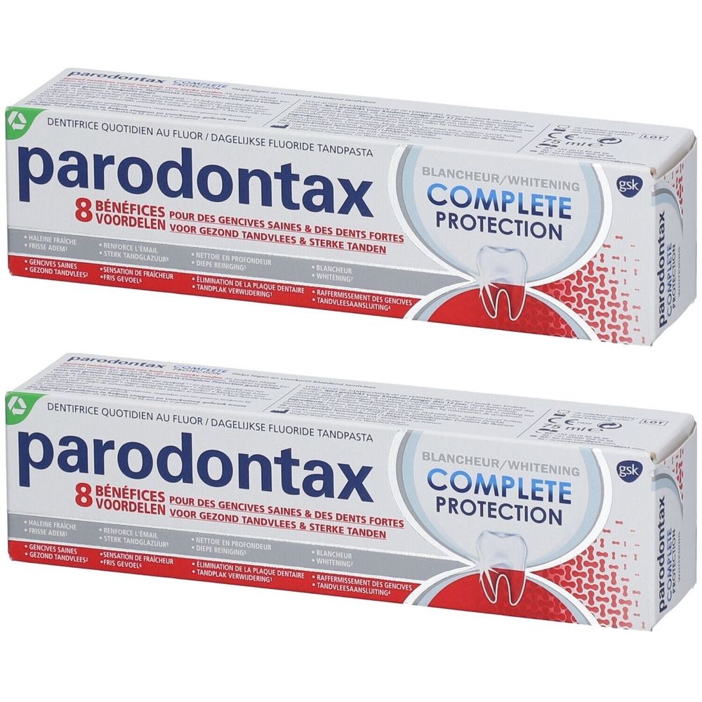 Deux boîtes de dentifrice Parodontax, blanc et rouge, avec l'inscription "Complete Protection".