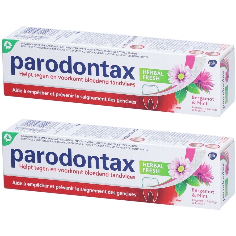 Deux boîtes de dentifrice Parodontax Herbal Fresh. Inscription : Aide à empêcher et prévenir le saignement des gencives.
