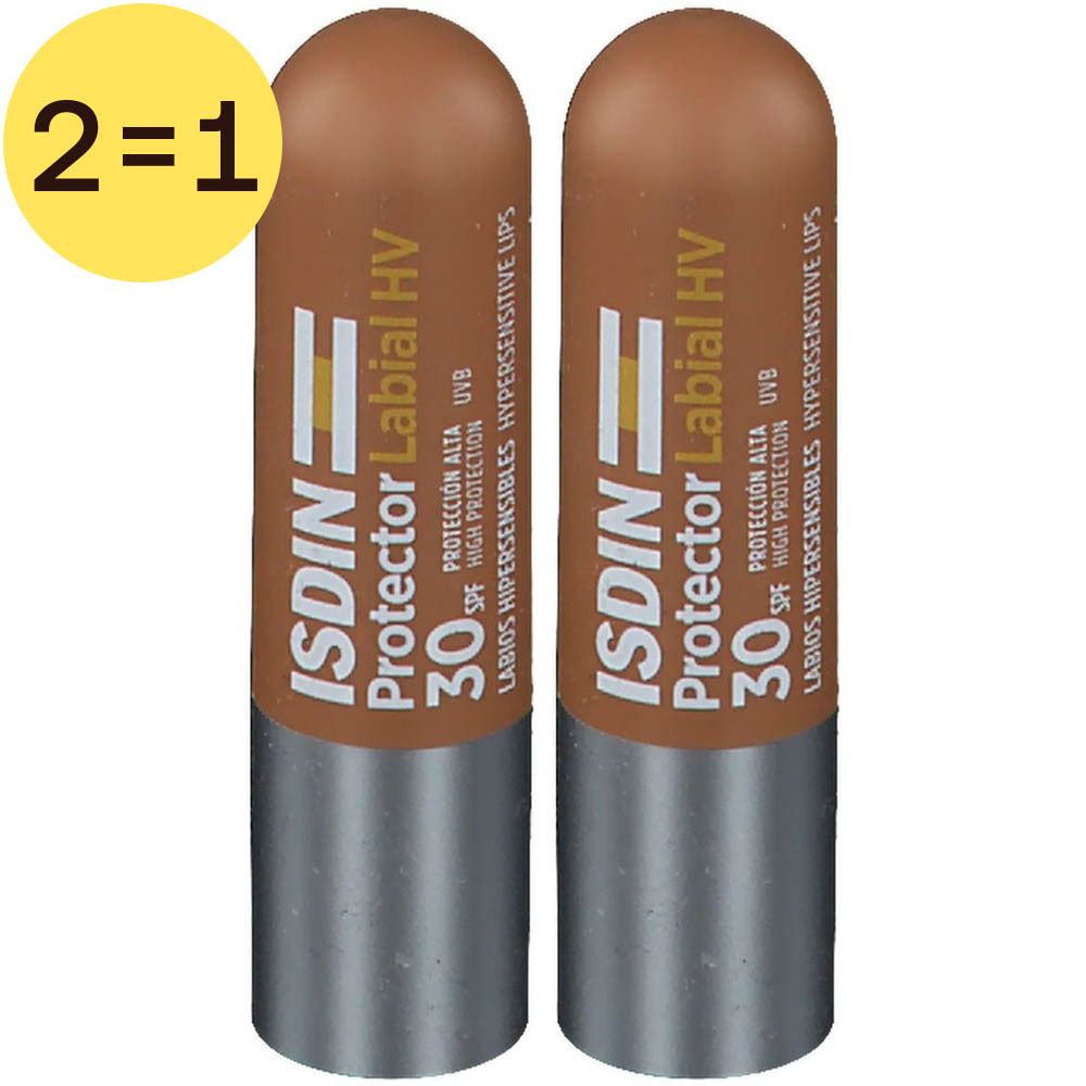 Deux sticks de soin pour les lèvres, étui marron, base argentée. Inscription : ISDIN Protector Labial HV SPF 30. Étiquette 2=1.