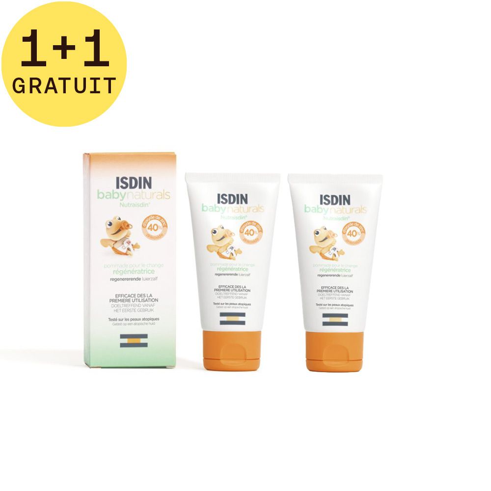 Une boîte et deux tubes. Inscription: ISDIN baby naturals. 1+1 GRATUIT. Emballage orange et vert.