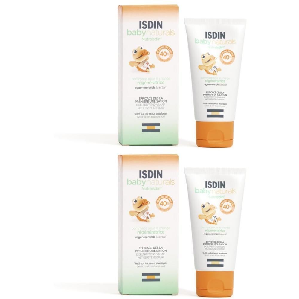 Deux tubes et deux boîtes. Inscription: ISDIN baby naturals. Emballage orange et vert.