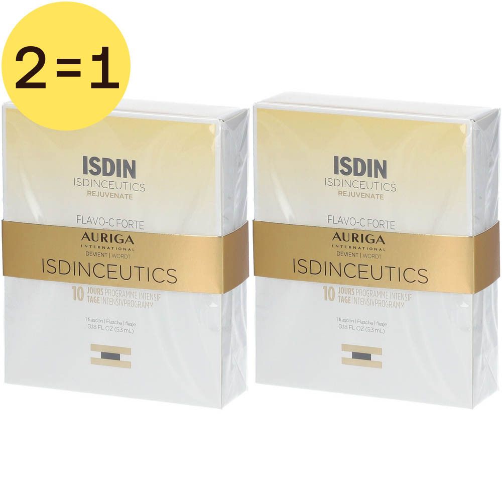 Deux boîtes emballées ISDIN Isdinceutics Flavo-C Forte Serum. Écriture et accents dorés. Offre 2=1.
