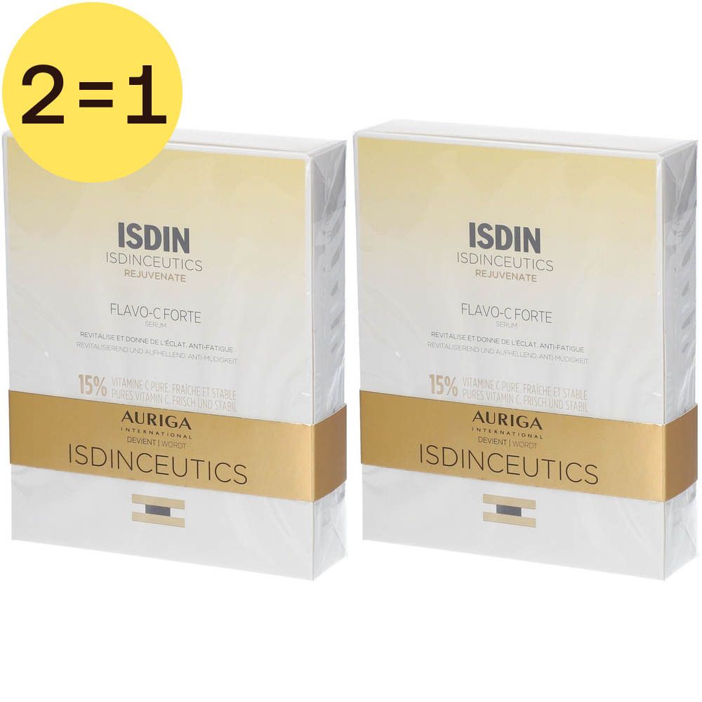 Deux boîtes ISDIN Isdinceutics Flavo-C Forte Serum 2 pour 1. Emballage blanc et doré avec nom et logo du produit.