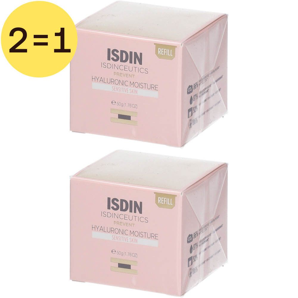 Deux boîtes roses avec informations produit. Inscription: ISDIN Isdinceutics Hyaluronic Moisture.