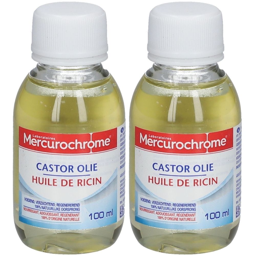 Deux flacons avec bouchons blancs et étiquettes. L'étiquette indique "Mercurochrome" et "Castor Olie Huile de Ricin".