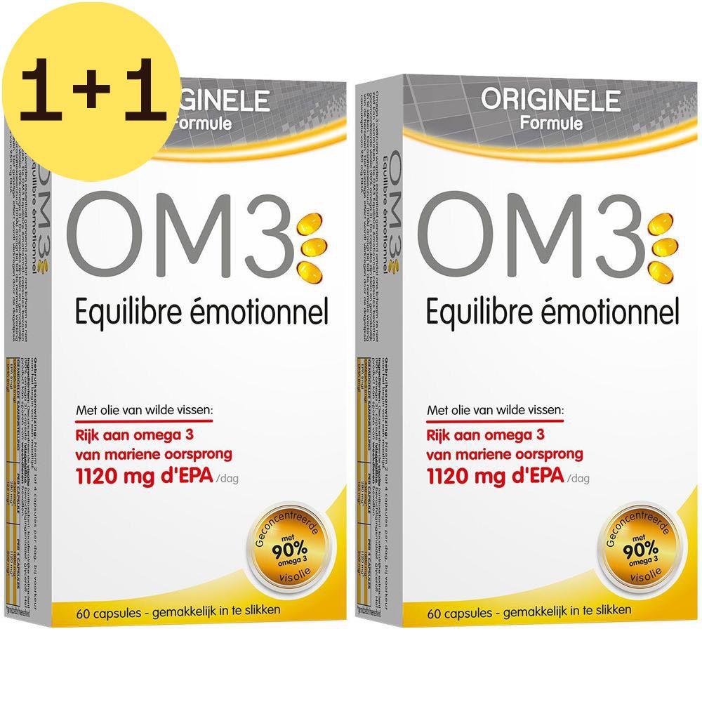 Deux boîtes de OM3 Équilibre émotionnel. Inscription : Originele Formule, OM3, Equilibre émotionnel. 60 capsules. 90% Oméga 3.