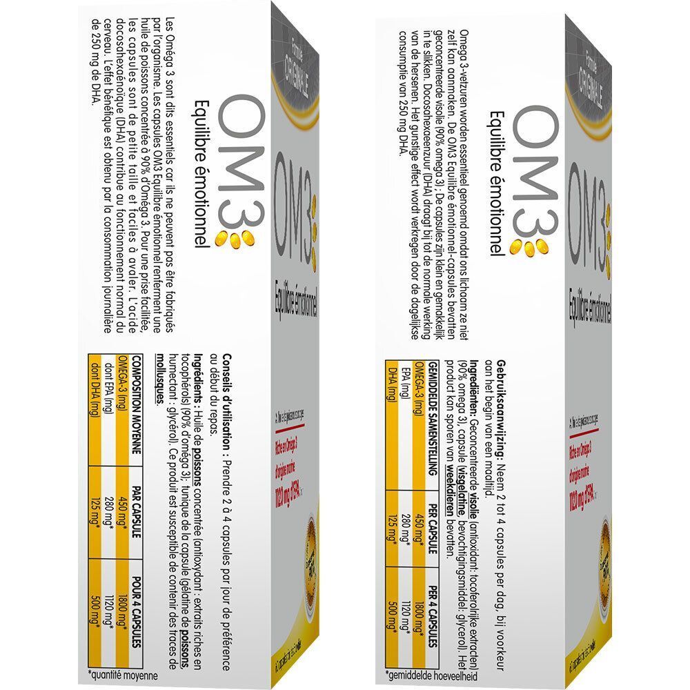 Deux boîtes de OM3 Équilibre émotionnel. Inscription : OM3, Equilibre émotionnel. Informations sur les ingrédients et le dosage.