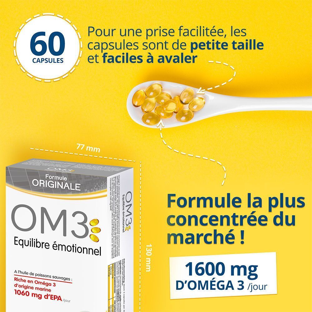 Boîte de OM3 Équilibre émotionnel. 60 capsules. Inscription : Formule Originale, OM3, Equilibre émotionnel. Dimensions : 77mm x 130mm.