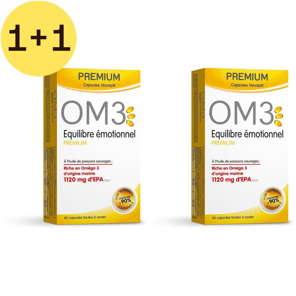 Deux boîtes de Premium Novapill® OM3. Boîtes jaunes avec texte blanc. Inscription: OM3 Equilibre émotionnel®.