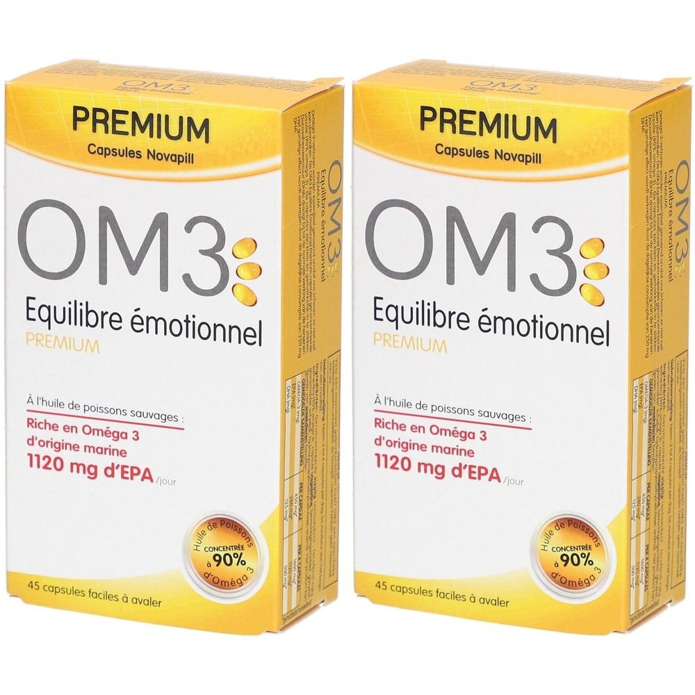 Deux boîtes de Premium Novapill® OM3. Boîtes jaunes avec texte blanc. Inscription: OM3 Equilibre émotionnel®.