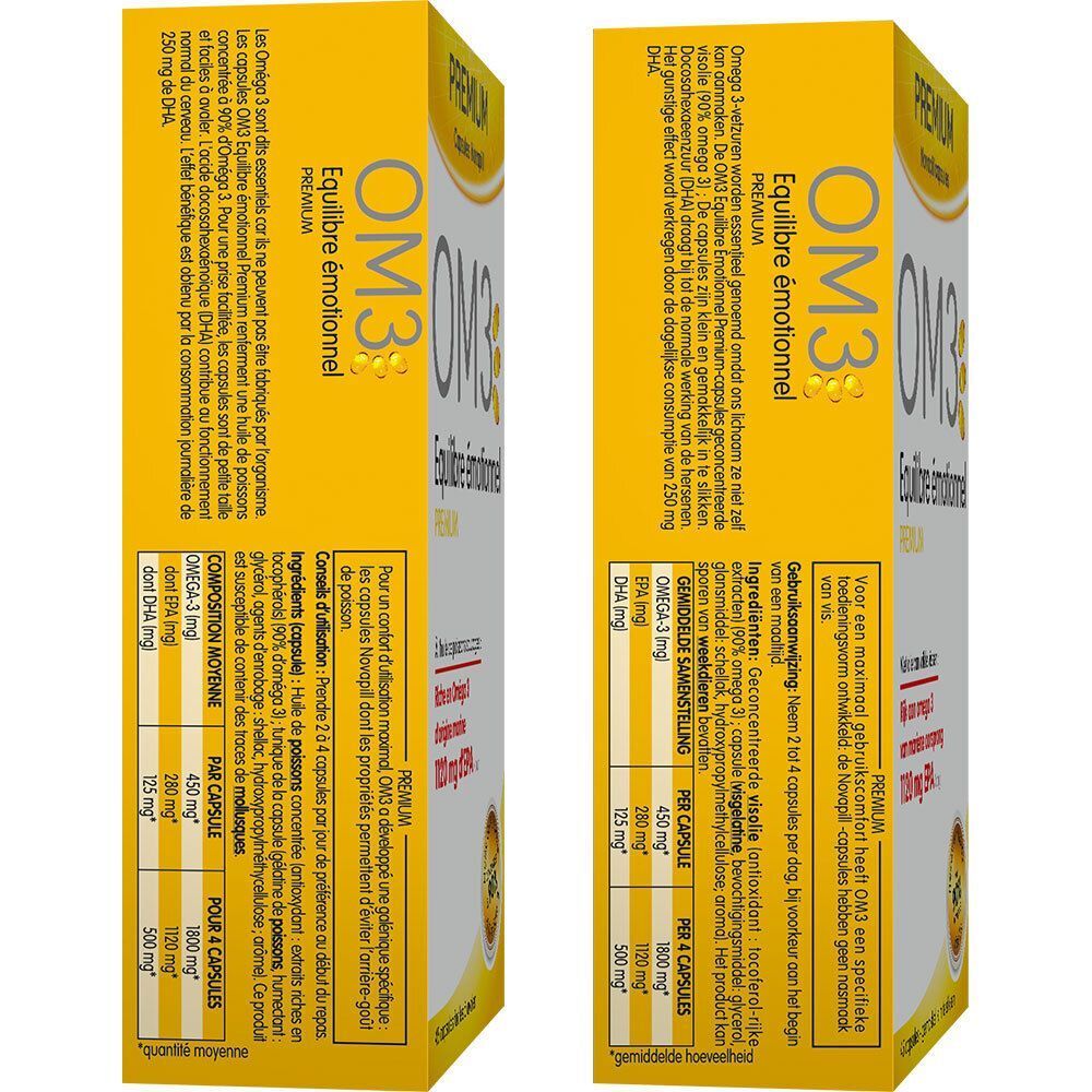 Deux boîtes Premium Novapill® OM3, vue latérale. Boîtes jaunes avec texte. Inscription: OM3 Equilibre émotionnel®.