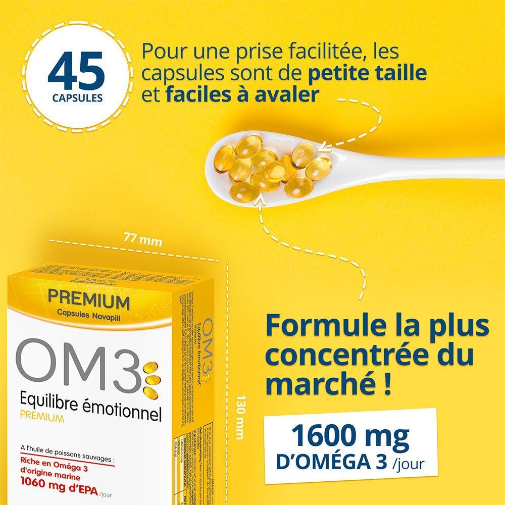 Deux boîtes Premium Novapill® OM3, vue latérale. Boîtes jaunes avec texte. Inscription: OM3 Equilibre émotionnel®.