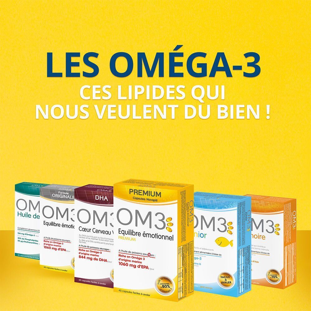 Gélule jaune avec symboles. Inscription: Bénéficiez de la qualité OM3. Biodisponibilité optimale.