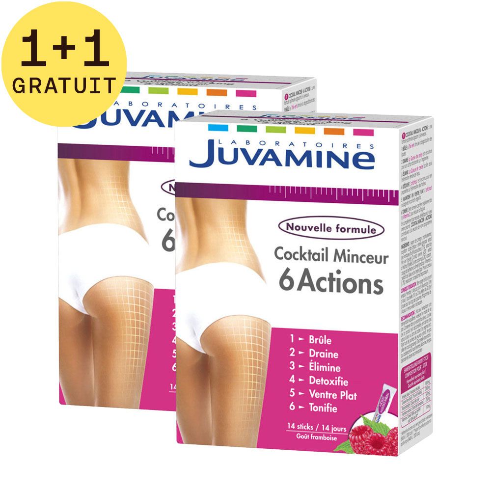 Deux boîtes de Juvamine Cocktail Minceur 6 Actions. Inscription: 1+1 GRATUIT. Nouvelle formule, 6 actions, 14 sticks. Femme de dos.